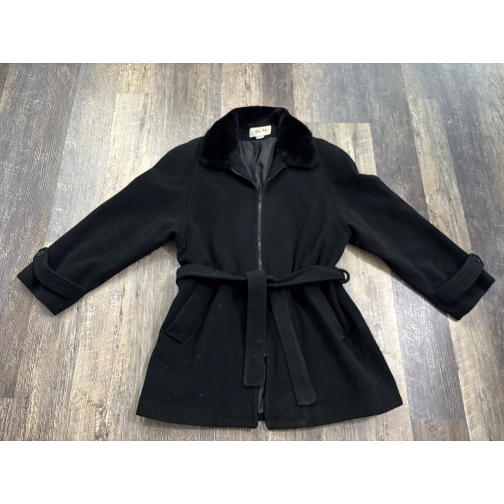 Andrea Morin Womens Black Wool Blend Zip Up Belted‎ Coat Faux Fur Collar M L